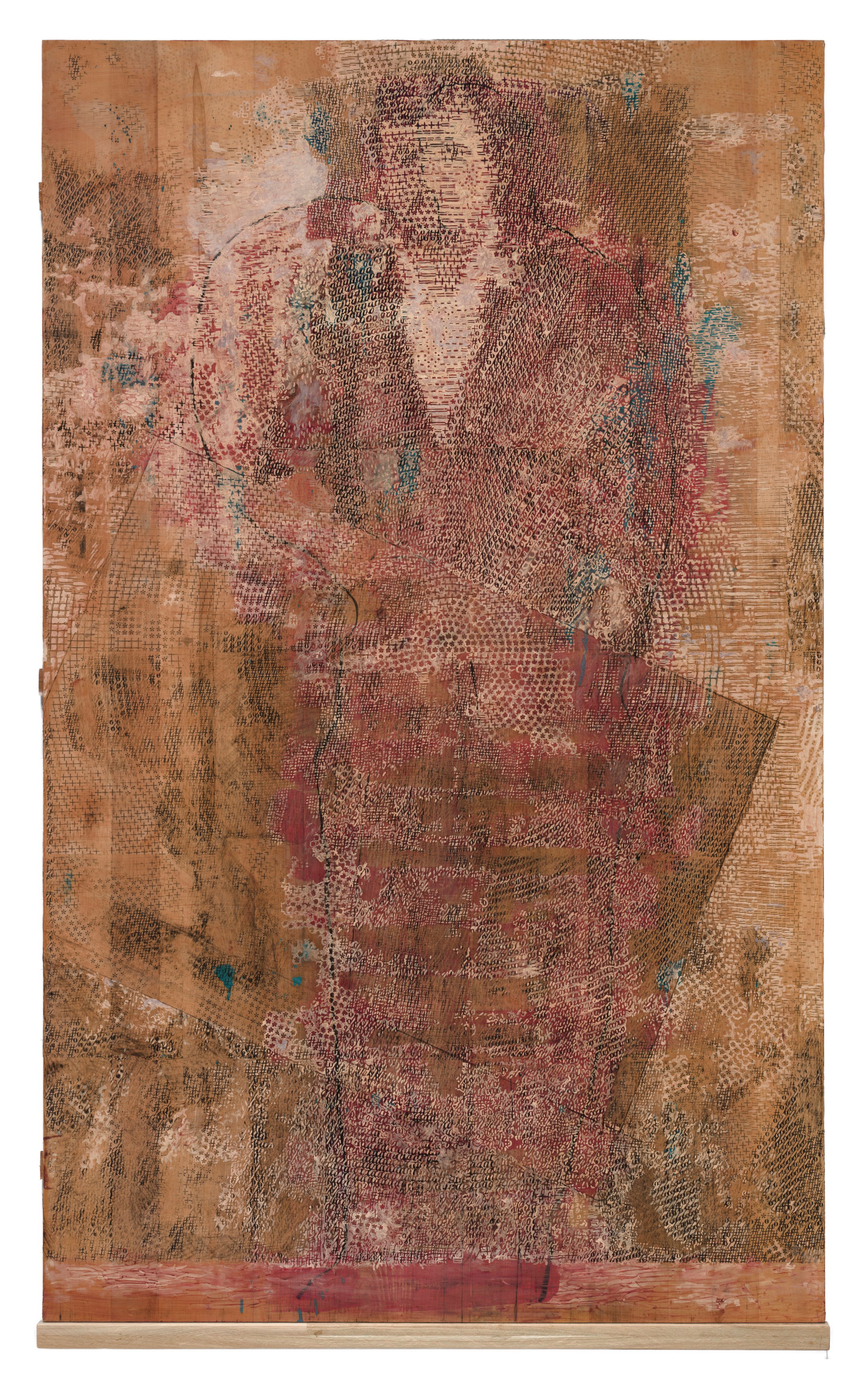 Standing with a Painting No8, 2025, oil on wood, 184 × 110 cm
