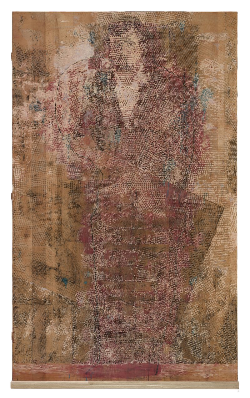 Standing with a Painting No8, 2025, oil on wood, 184 × 110 cm