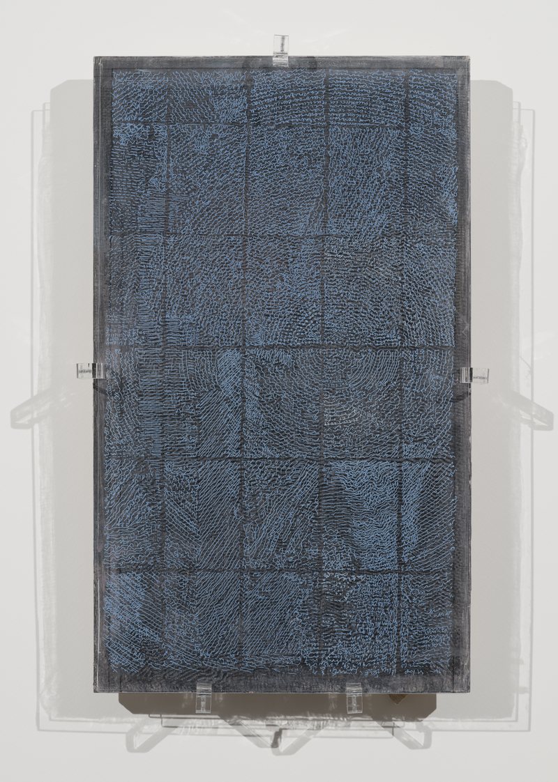 Standing with a Painting No11, 2025, ink and oil on plexiglas and wood, 45 × 27 cm